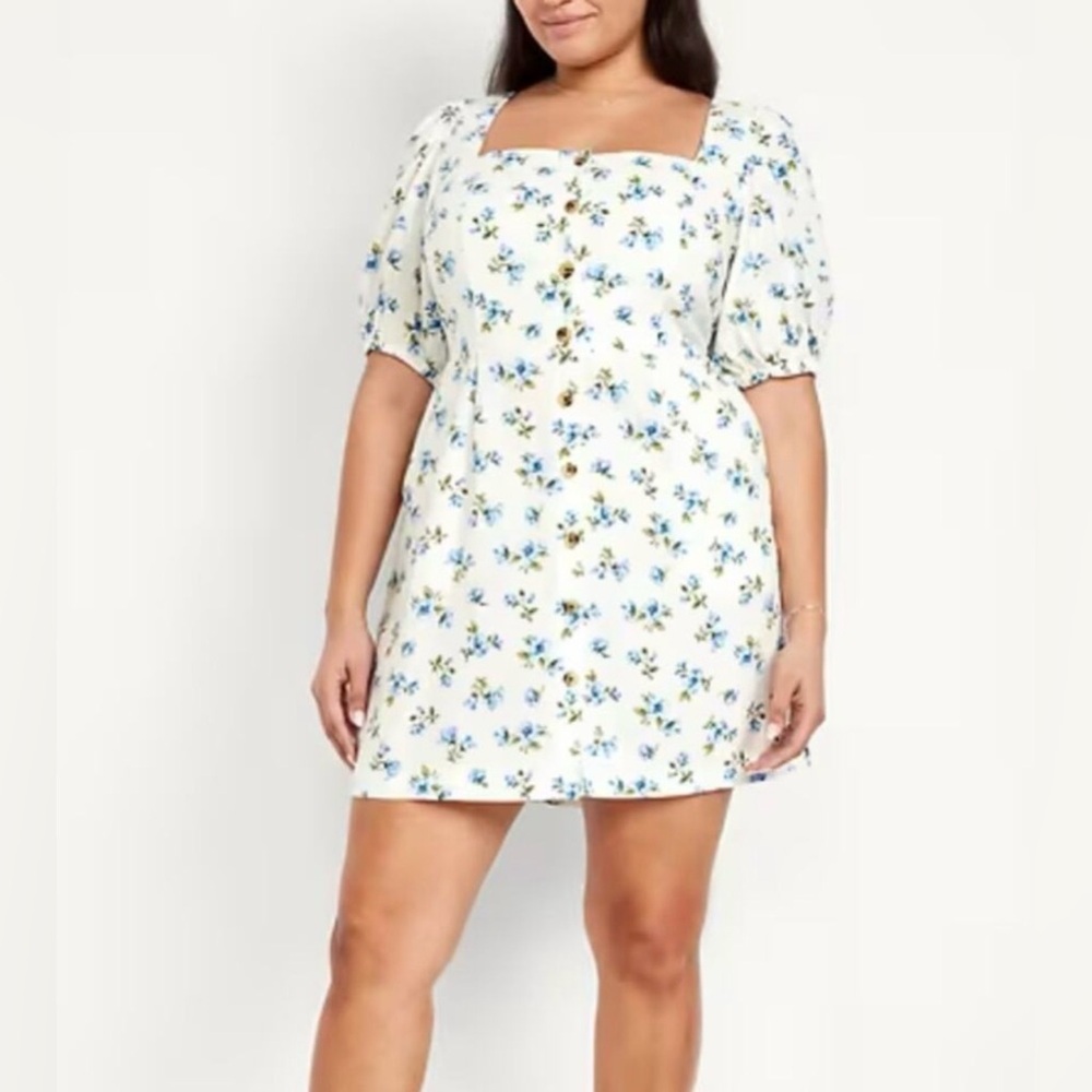 NWT Old Navy White Floral Button-Front Dress with Blue Flowers XXL.